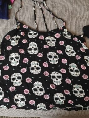 NOBO Black Halter Camisole with Pink Rose & White Skull Print